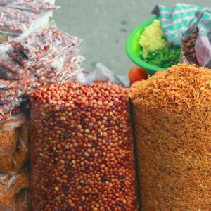 Fried peanuts, Close up, macro, peeled, salted, colorful, fresh, natural, without shell tasty snack selling on street as street food