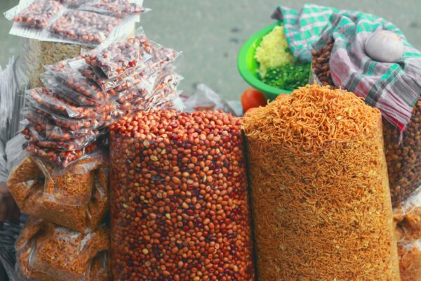 Fried peanuts, Close up, macro, peeled, salted, colorful, fresh, natural, without shell tasty snack selling on street as street food