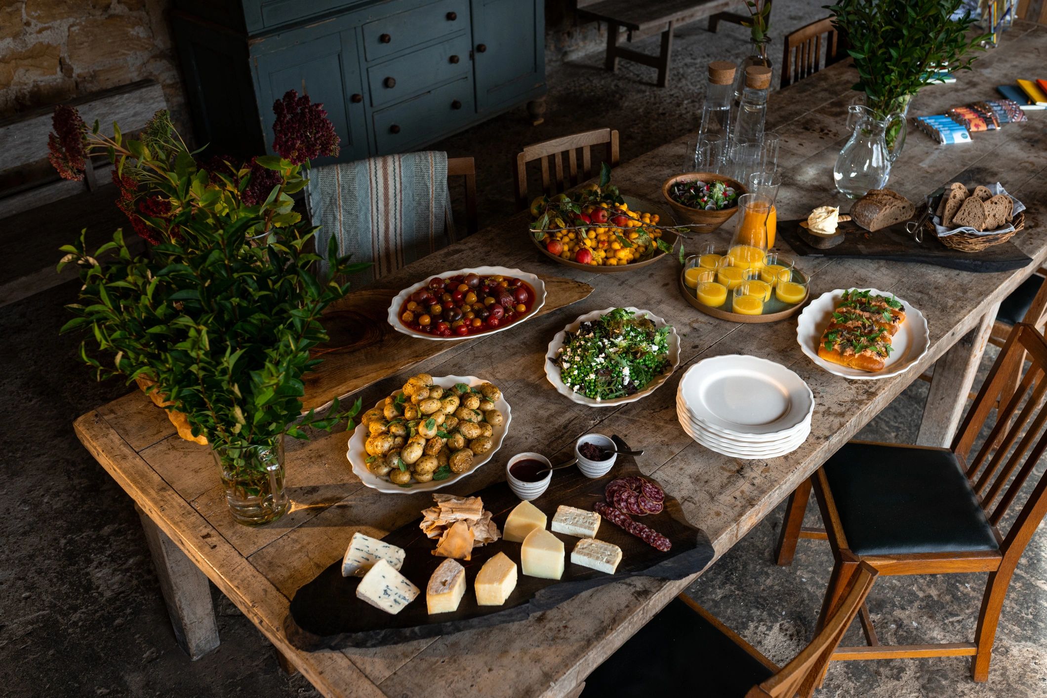 Fresh vegetarian food and juice arranged on a table
